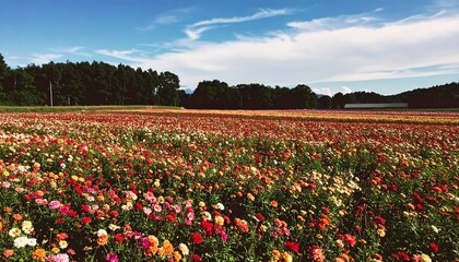 Colorful flower field under a blue sky with perfect scenic landscape in bloom.