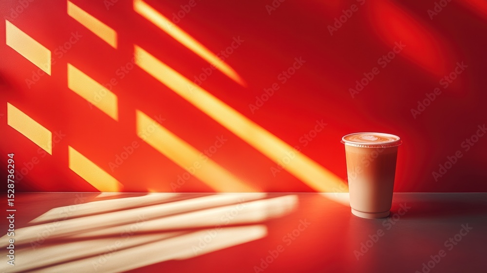 Poster elegant coffee latte with abstract light on red background creating inviting beverage photography