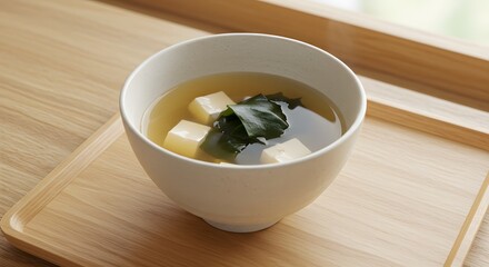 Simple and elegant photo of a single bowl of miso soup with tofu and seaweed, placed on a light wooden tray with soft natural lighting