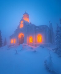 Fototapeta premium A luminous church surrounded by deep snow and a winter atmosphere
