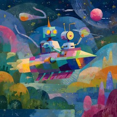 Futuristic spacecraft soaring through a vibrant galactic landscape