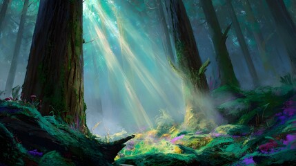 Tranquil forest bathed in ethereal sunlight