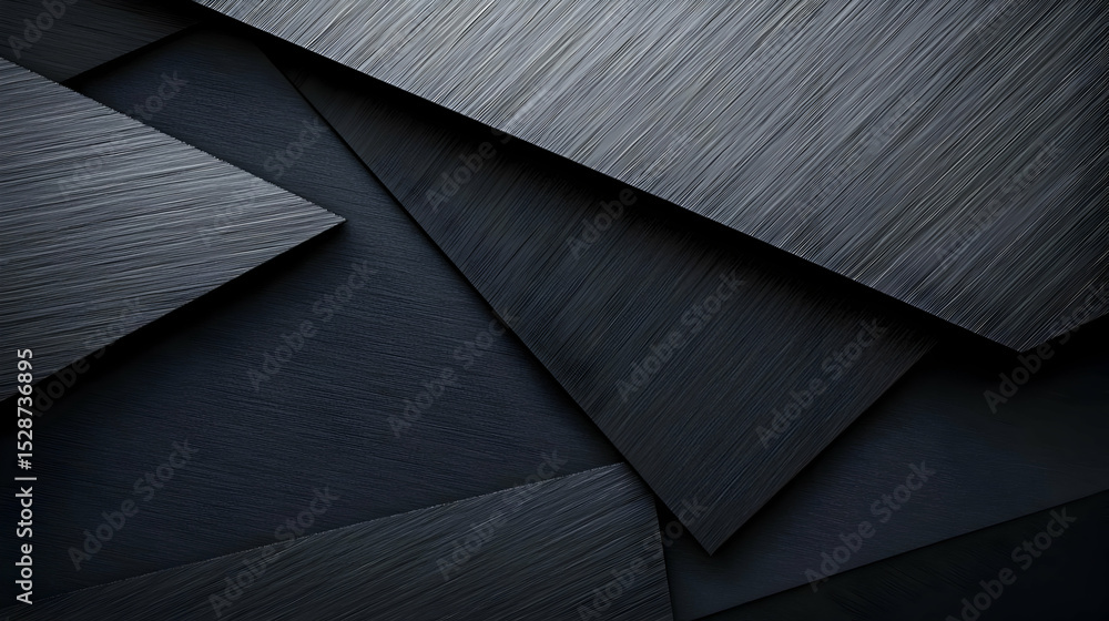 Poster dark, textured geometric shapes layered in a close-up view. interlocking, angular pieces create an a