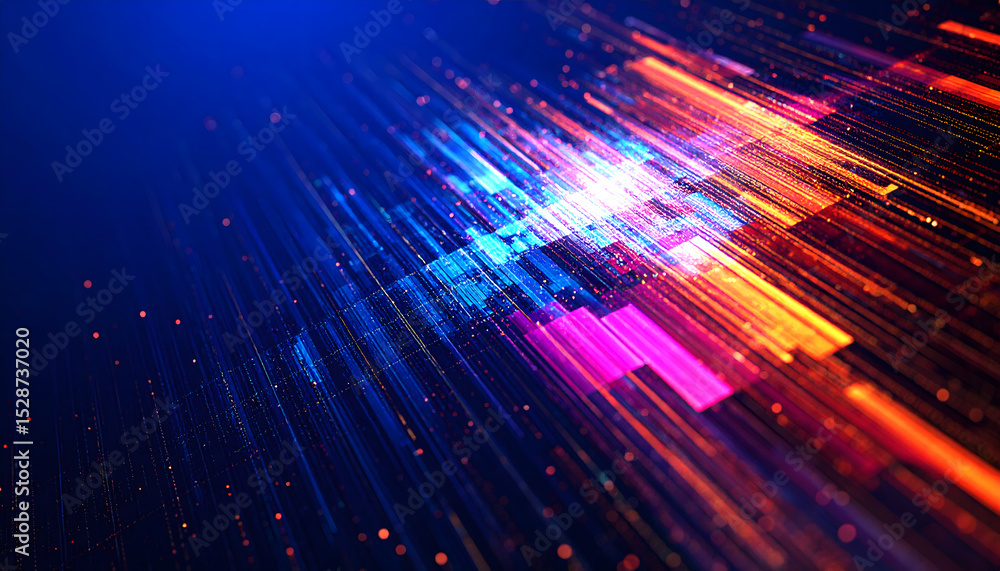 Poster vibrant abstract data streams and glowing particles move across a dark background, evoking a sense o