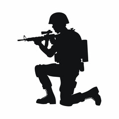 Silhouette of a soldier kneeling and aiming a rifle with a scope on white background