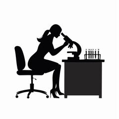 Silhouette of a woman using a microscope at a lab desk in a laboratory environment