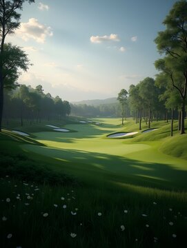 Experience of Golf Amidst the Vast Expanse of Nature and Beautifully Lit Landscape AI Generative