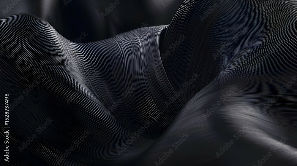 Poster abstract dark fabric folds, flowing lines in deep blacks and grays, creating a sense of movement and