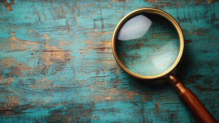 A magnifying glass resting on a weathered wooden surface with a blue and green color scheme.