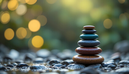 Obraz premium Balanced Stack of Colorful Stones with a Serene Bokeh Background, Symbolizing Harmony and Mindfulness in Nature