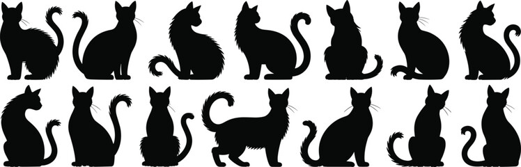 Black fluffy cat silhouette vector collection, sitting long tail cats, elegant pet feline shapes, domestic animal graphic design icons