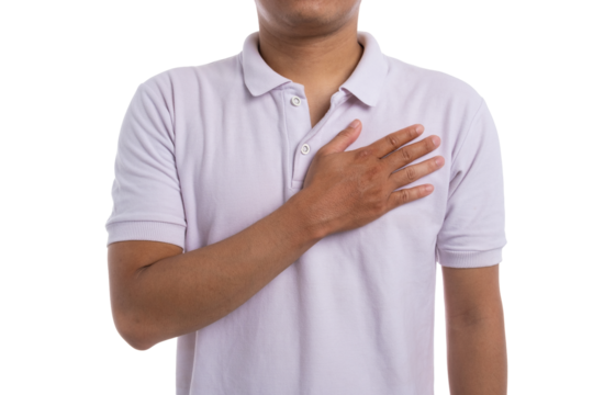 Close up of a man placing hand on chest showing honesty and sincerity gesture isolated on transparent background