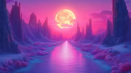 Fotobehang Ethereal vista luminous full moon purple river dreamlike landscape fantastic scenery vivid colorful perspective mystic © นัสรีน ถนอมวงศ์