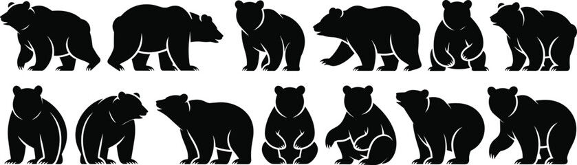 Bear silhouette vector collection, wild animal clipart, black bear shapes, forest wildlife icons, grizzly illustration set,