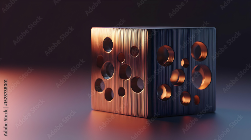 Poster metallic cube with intricate circular perforations, illuminated by warm light