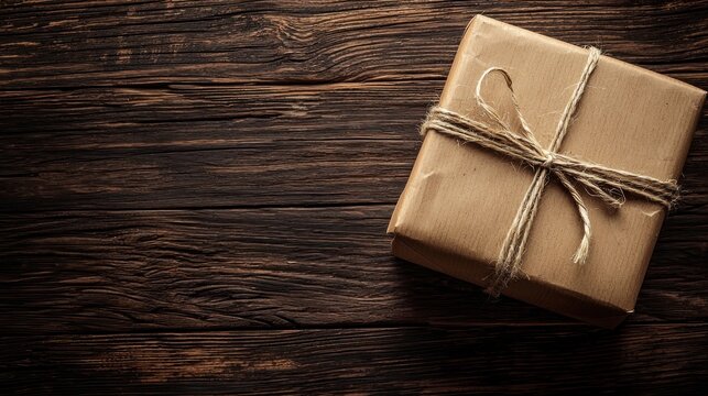 A wrapped gift box tied with string on a rustic wooden table.