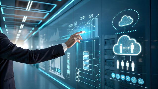 Businessman interacting with futuristic cloud computing interface