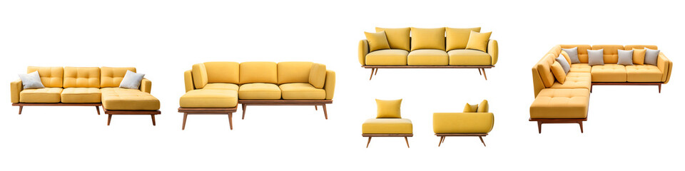 A collection of modern yellow furniture pieces for a living room  long title A contemporary collection of comfortable and stylish yellow