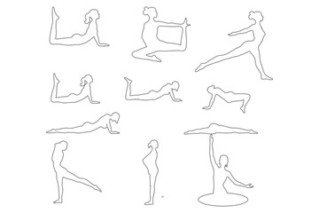 A set of silhouettes of yoga pose icons, gymnastic exercises. A vector image. Set of vector silhouettes of woman doing yoga exercises. Icons of flexible girl stretching her body in different yoga pose