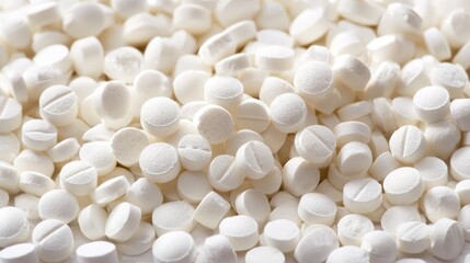 A pile of white pills with a white background.