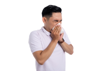 Asian man sneezing into tissue with eyes closed suffering from cold or allergy isolated on transparent background