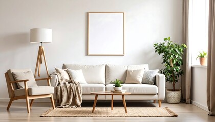 Cozy Modern Living Room Interior with Sofa with Chair, and Blank Picture Frame.