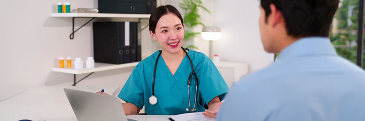 Asian Woman Doctor Consultation Young Patient Healthcare Checkup Medical Professional Exam Clinical Treatment Hospital Wellness Advice