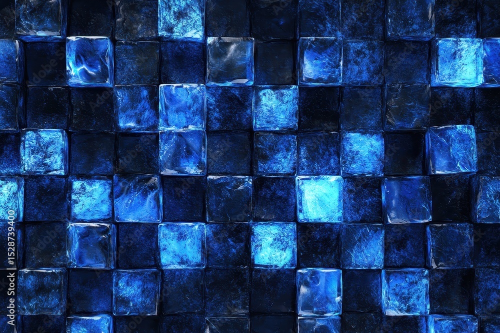 Poster blue glowing cubes arranged on a grid of black tiles create a mesmerizing digital pattern, blue glow