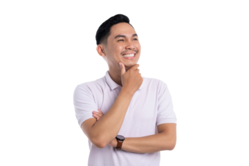 Thoughtful young man smiling with hand on chin looking away while thinking about idea or planning something isolated on transparent background