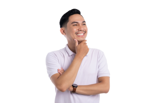 Thoughtful young man smiling with hand on chin looking away while thinking about idea or planning something isolated on transparent background