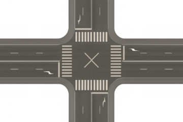 Aerial view of a crossroads with crosswalks and a transparent background, ideal for urban planning, traffic management, and city infrastructure projects