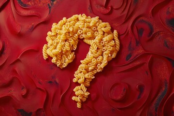 Creative arrangement of macaroni pasta shaped as a question mark on a vivid red background, Macaroni pasta arranged as question mark on red background with swirling patterns