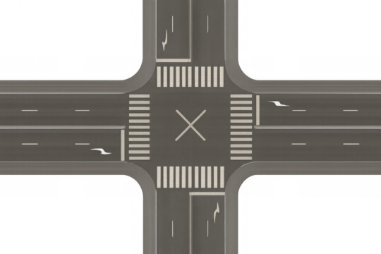 Aerial view of a crossroads with crosswalks and a transparent background, ideal for urban planning, traffic management, and city infrastructure projects