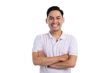 Confident young man smiling with arms crossed wearing casual polo shirt isolated on transparent...