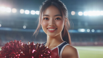 Cheerleader at a stadium, an energetic Asian female, smiles brightly with pom-poms during game. The sports atmosphere is vibrant, filled with team spirit and joy. Image made using Generative AI.
