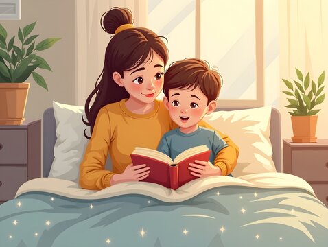 Mother and Child Reading Together Cozy Bedtime Story Illustration for Family Bonding