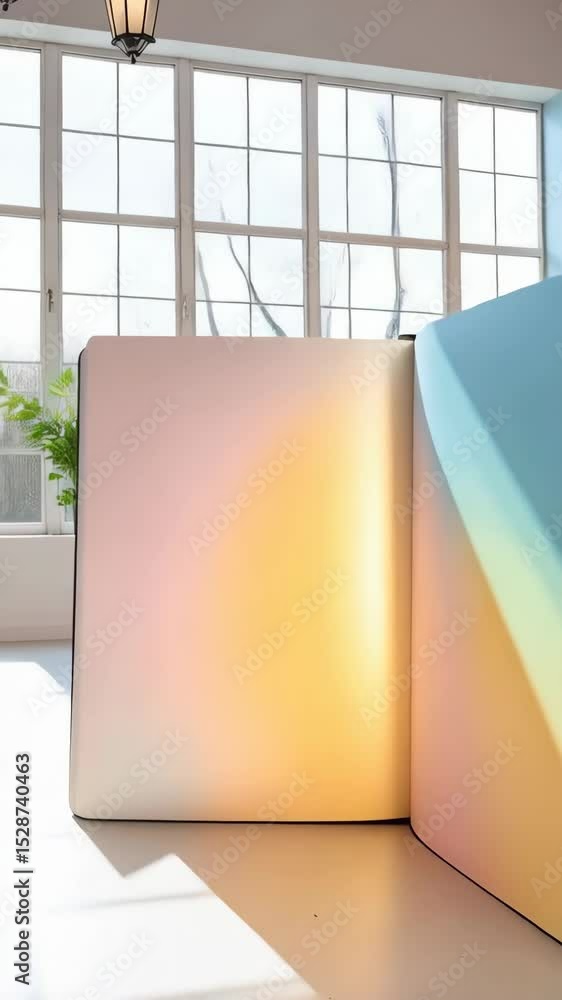 Poster open book with rainbow gradient on pages standing inside a bright studio with large window and paste