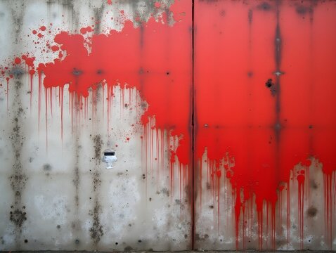 Industrial Concrete Wall with Vibrant Red Paint Splash and Rusty Streaks Creating Abstract Textural Background for Urban and Grunge Design Concepts