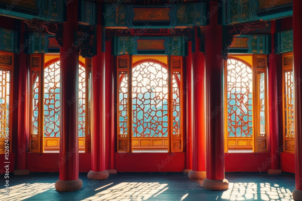 Poster views of the intricate architecture inside the temple of heaven showcasing elaborate windows and vib