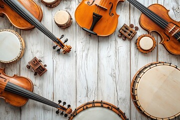 A Collection of Various Musical Instruments Arranged on Wood Texture
