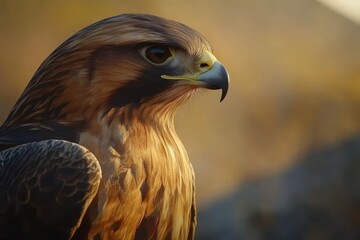 Obraz premium Stunning close up view of a falcon showcasing intricate feather details and sharp gaze in natural environment, Close up of a falcon