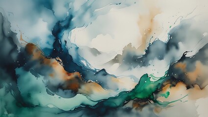 Abstract watercolor painting of flowing vibrant clouds and landscape elements with dynamic textures