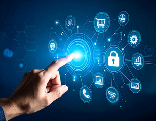 Naklejka premium Interactive Digital Security System Hand Interacting with Secure Technology Interface