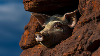 Pig Head Peeking From Rocky Crevice