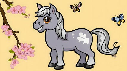 Fototapeta premium Cute Cartoon Pony with Butterflies and Cherry Blossoms