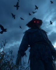 A terrifying scarecrow standing in an abandoned cornfield under a stormy night sky, torn clothes, glowing red eyes, crows circling overhead