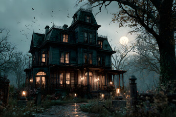 A haunted Victorian mansion with broken windows, flickering lights inside, overgrown garden, bats flying around, thick mist covering the ground, full moon sky, cinematic horror style