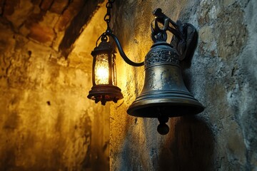 Obraz premium Bell hangs on wall next to glowing lantern in rustic indoor space with textured stone walls, Bell Is Rung On Wall Interior Shot
