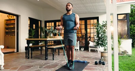 Biceps, resistance band or man in home for workout, arm muscle training or smart watch app. Fitness, healthy or person with exercise equipment to warm up, track progress or performance in house gym - Powered by Adobe