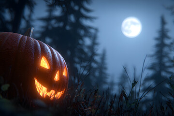 Glowing Pumpkin in a Haunted Forest Under the Full Moon. Conceptual Holiday art.